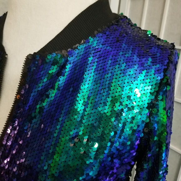 Iridescent peacock green sequined jacket sz 8 - Picture 4 of 8